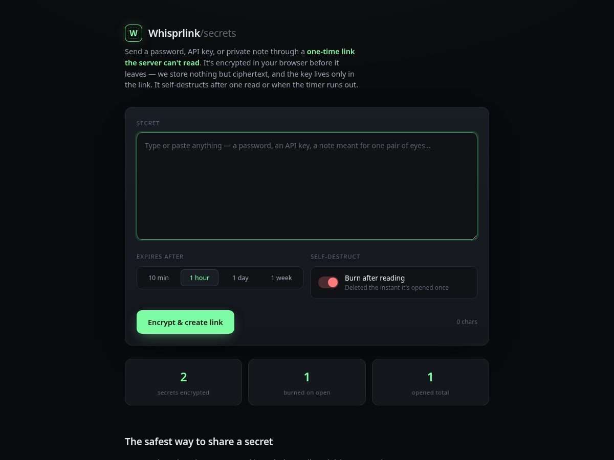 Landing-page snapshot of whisprlink.com