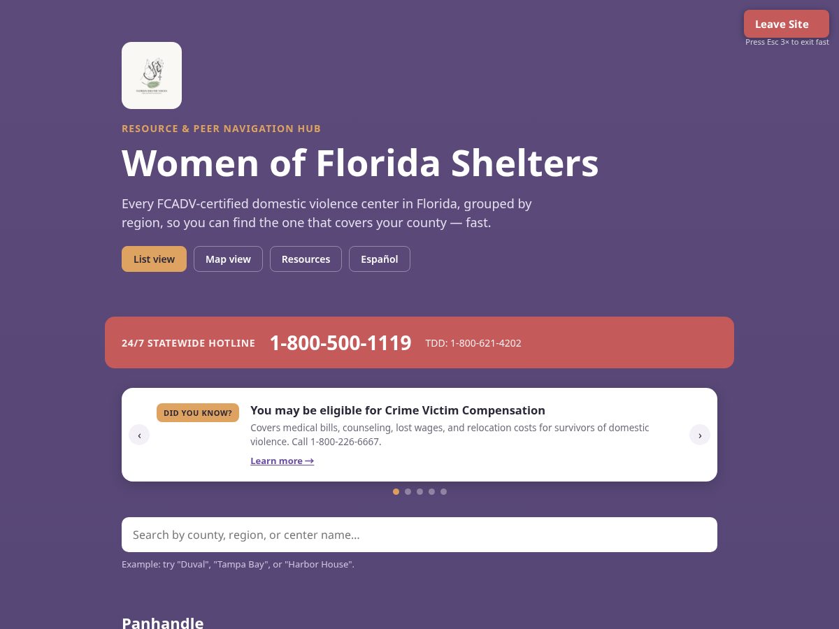 Landing-page snapshot of womenoffloridashelters.org