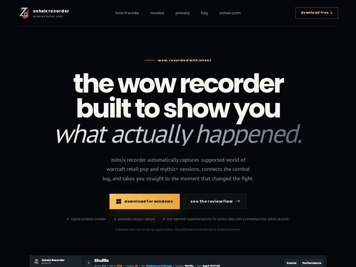 Landing-page snapshot of wowrecorder.com