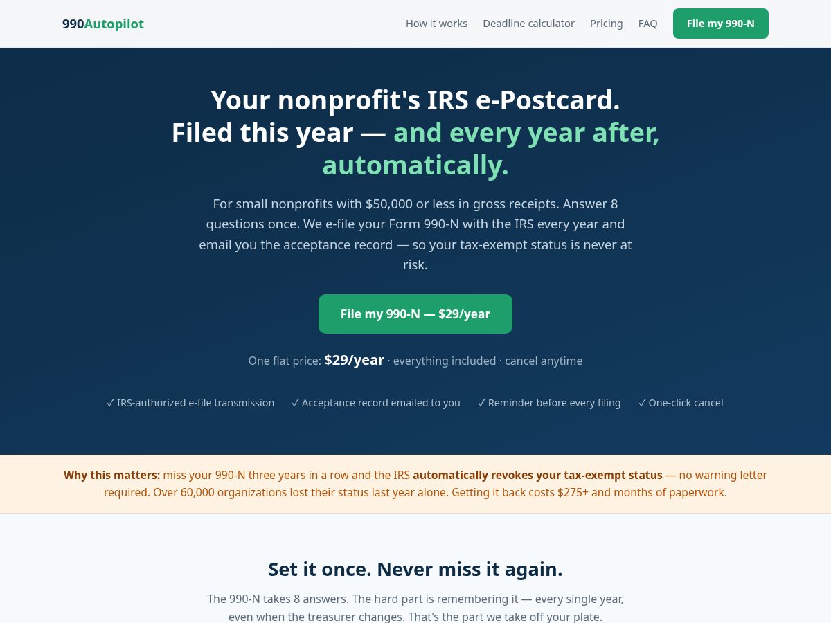 Landing-page snapshot of 990autopilot.com