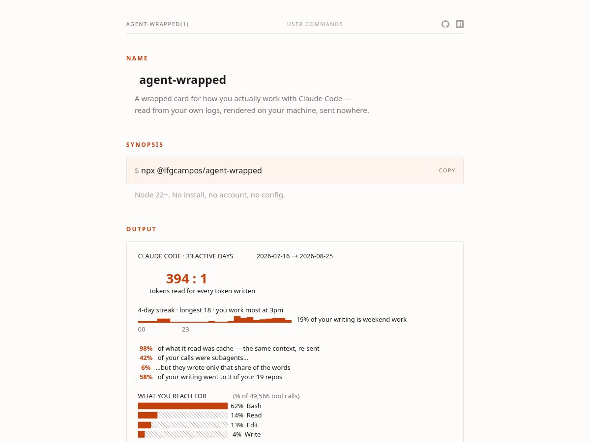 Landing-page snapshot of agent-wrapped.dev