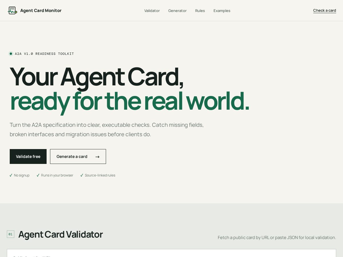 Landing-page snapshot of agentcardmonitor.com
