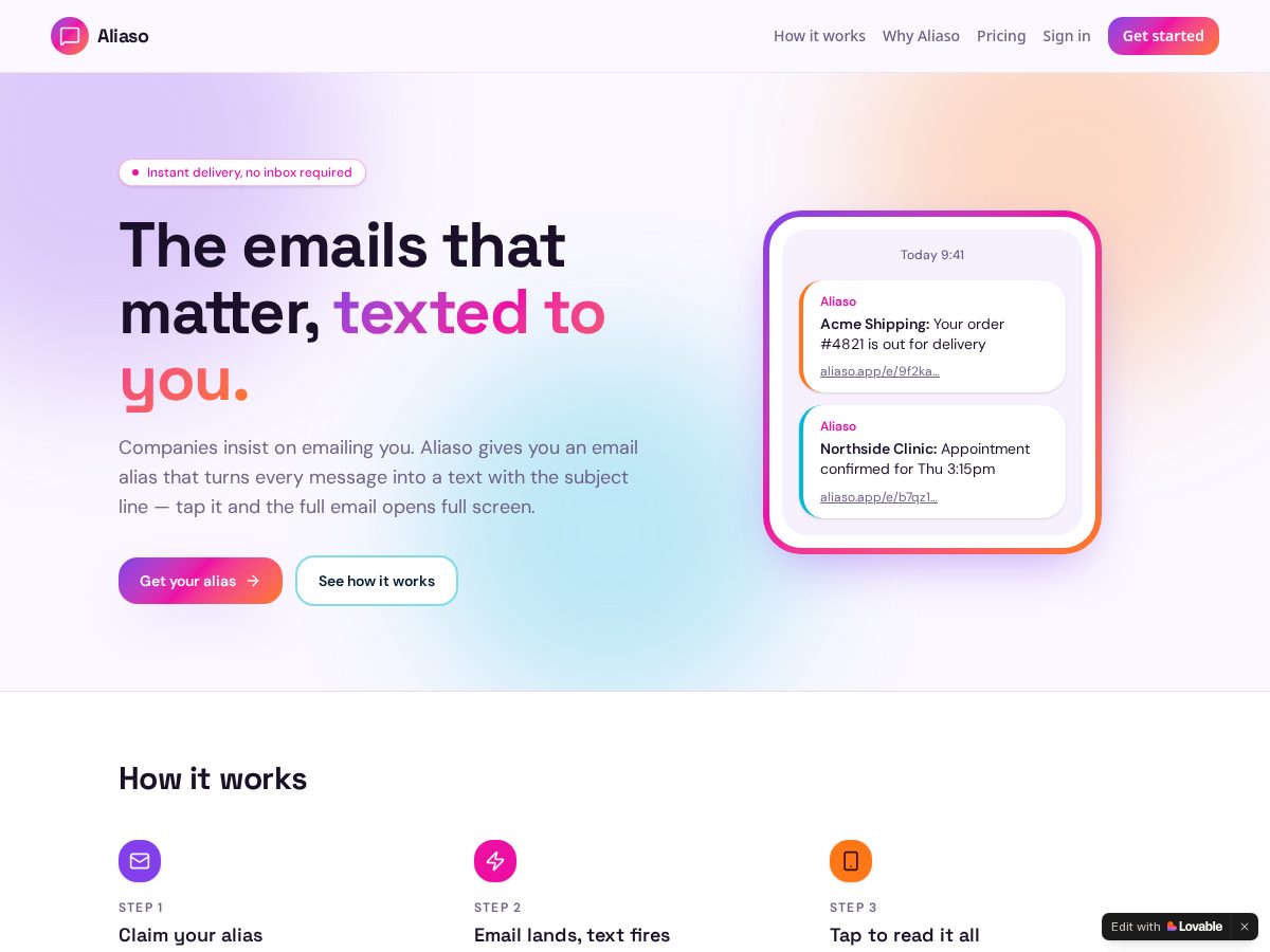 Landing-page snapshot of aliaso.app
