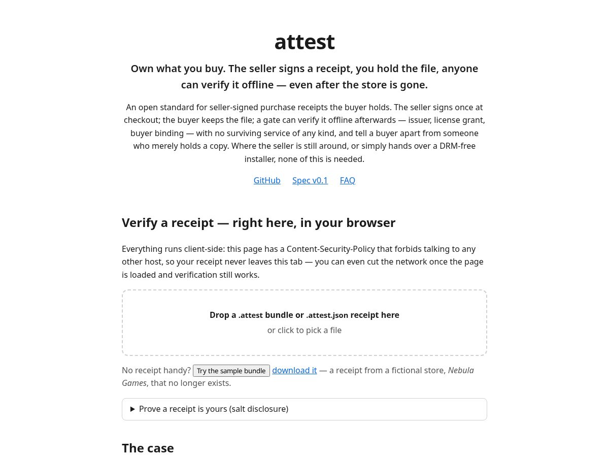 Landing-page snapshot of attest-receipts.org