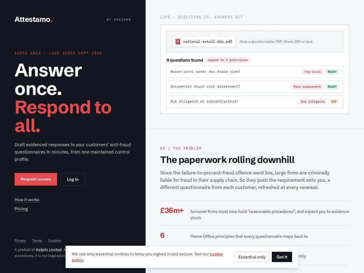 Landing-page snapshot of attestamo.app