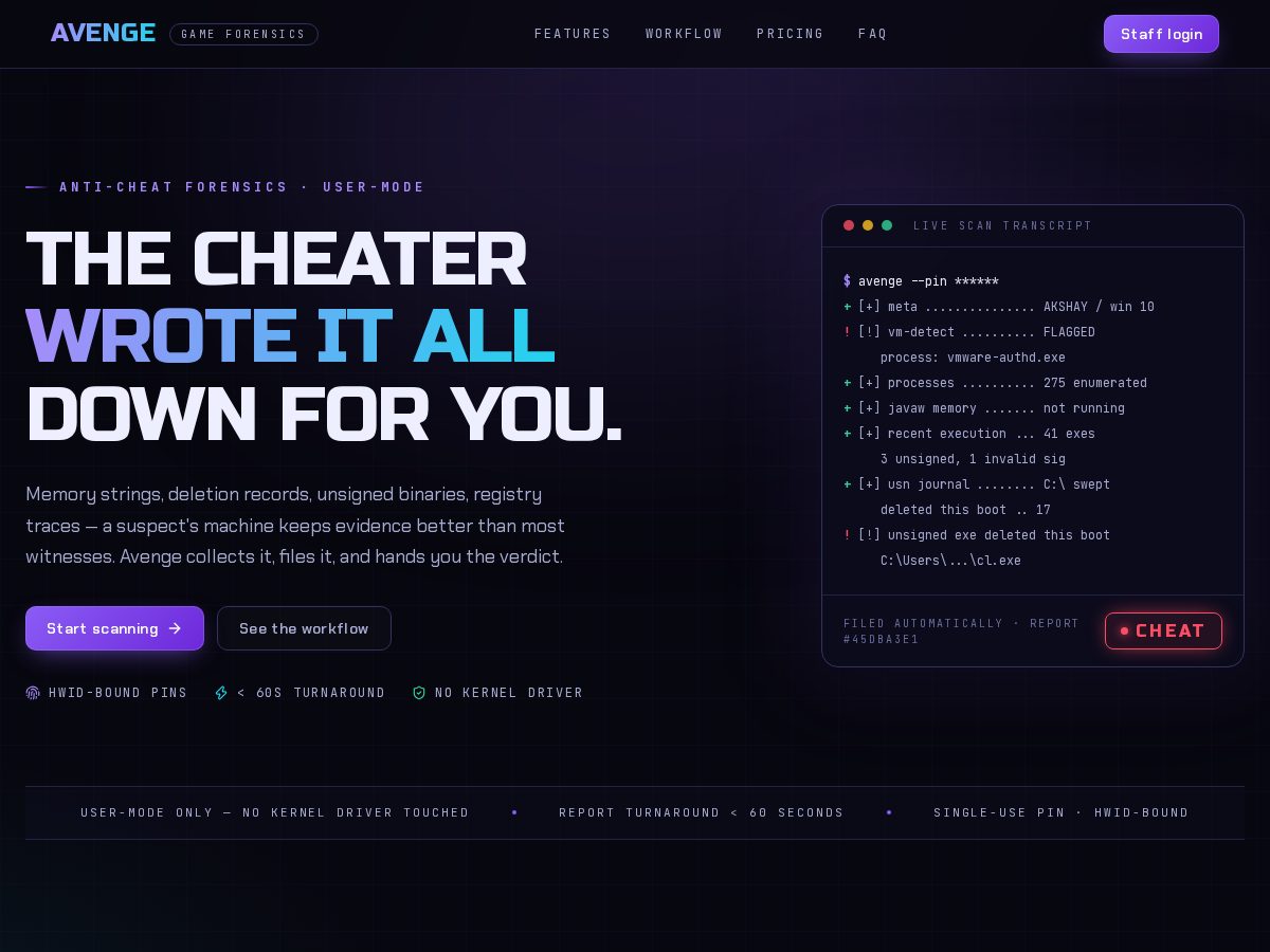 Landing-page snapshot of avenge.site