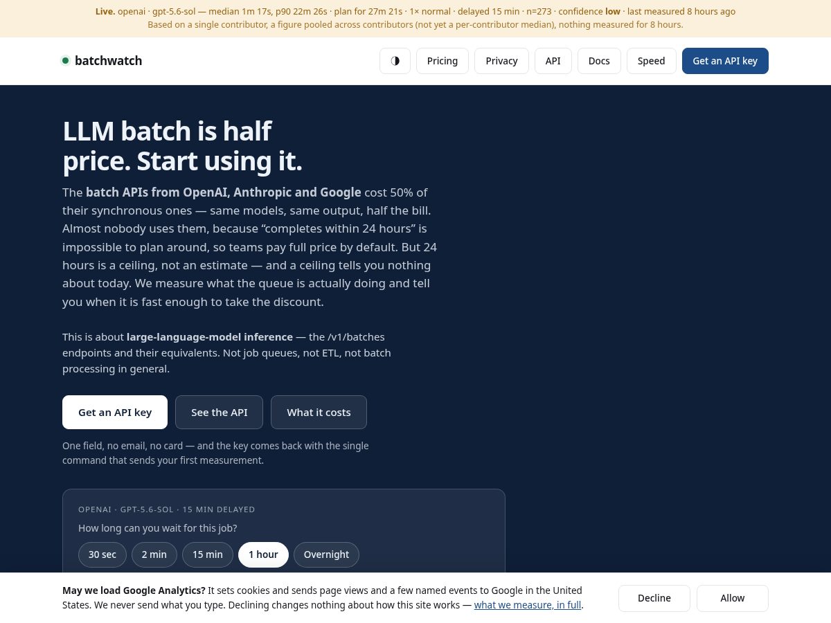 Landing-page snapshot of batchwatch.dev