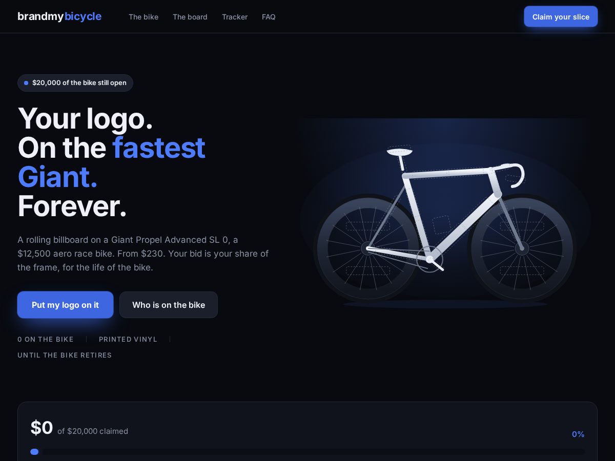 Landing-page snapshot of brandmybicycle.lol