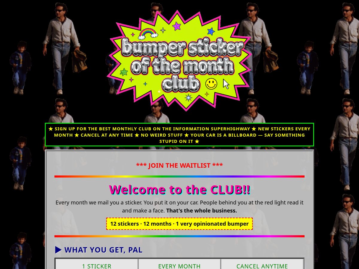 Landing-page snapshot of bumperstickerofthemonthclub.com
