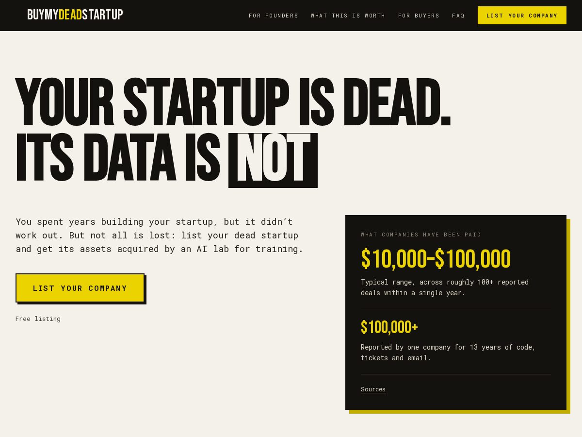 Landing-page snapshot of buymydeadstartup.com