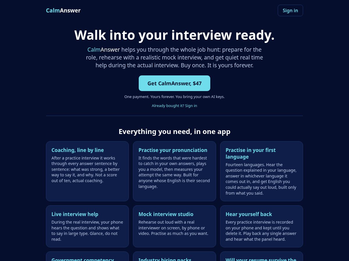 Landing-page snapshot of calmanswer.com