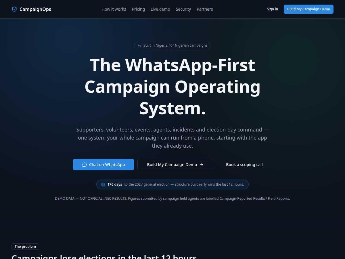 Landing-page snapshot of campaignops.app