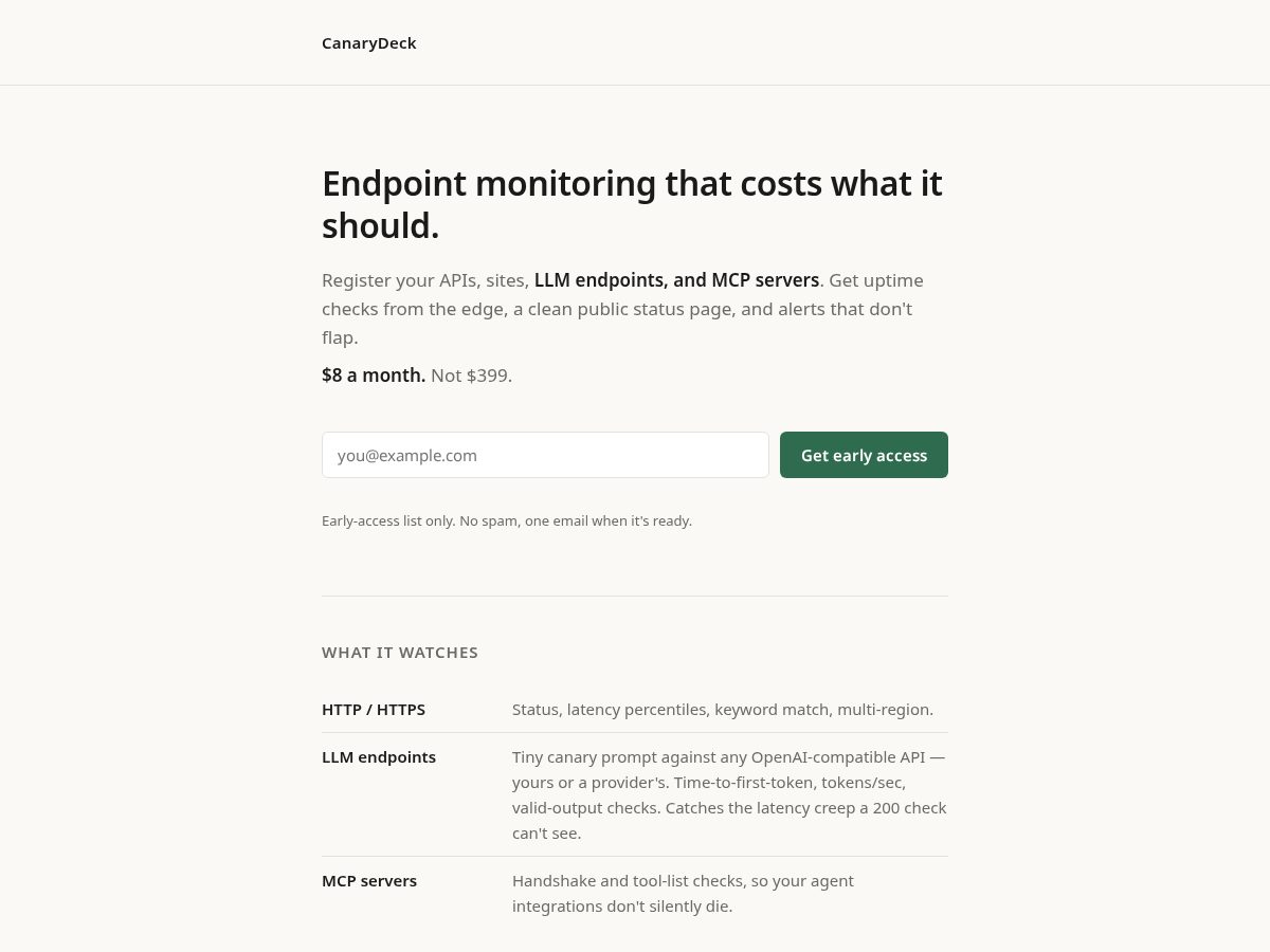 Landing-page snapshot of canarydeck.com