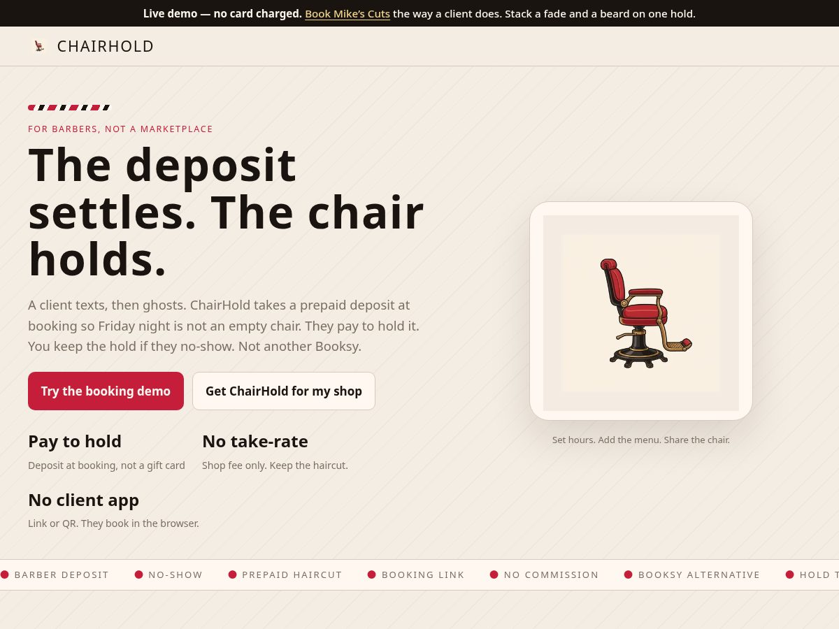 Landing-page snapshot of chairholdapp.com