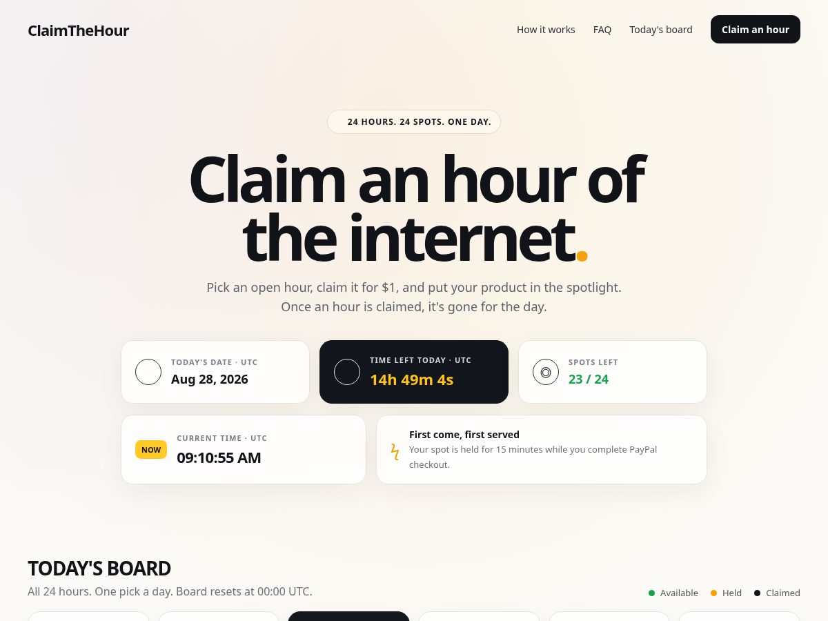 Landing-page snapshot of claimthehour.com