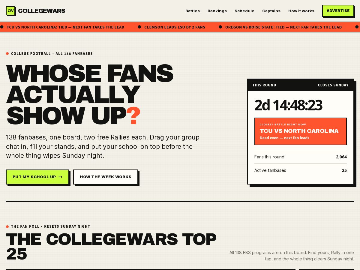Landing-page snapshot of collegewars.lol