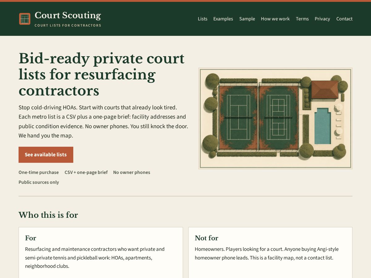Landing-page snapshot of courtscouting.com