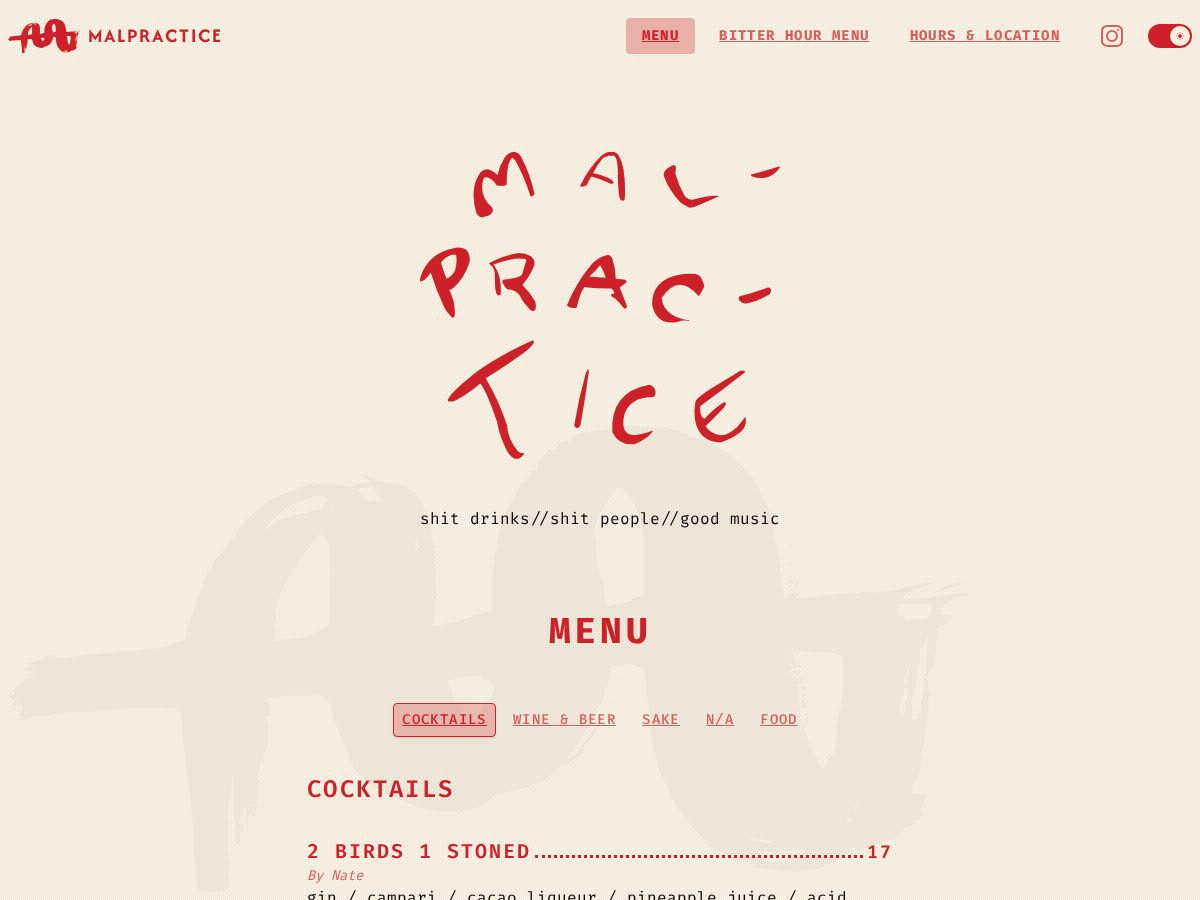 Landing-page snapshot of crimesagainstcocktails.com