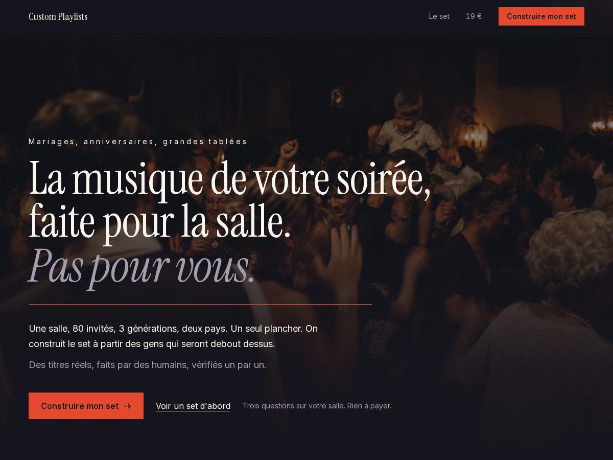 Landing-page snapshot of custom-playlists.com