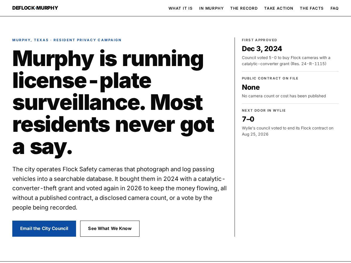 Landing-page snapshot of deflock-murphy.com