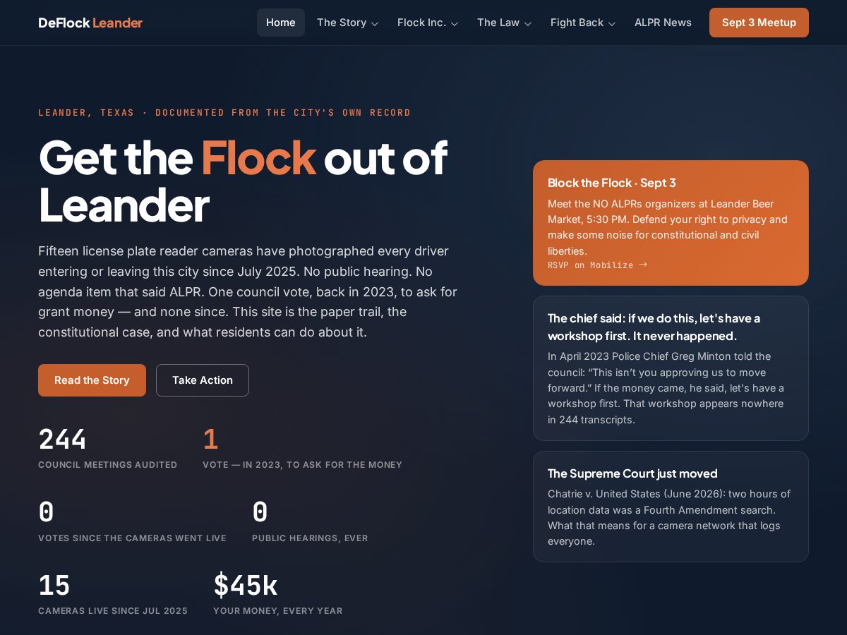 Landing-page snapshot of deflockleander.org