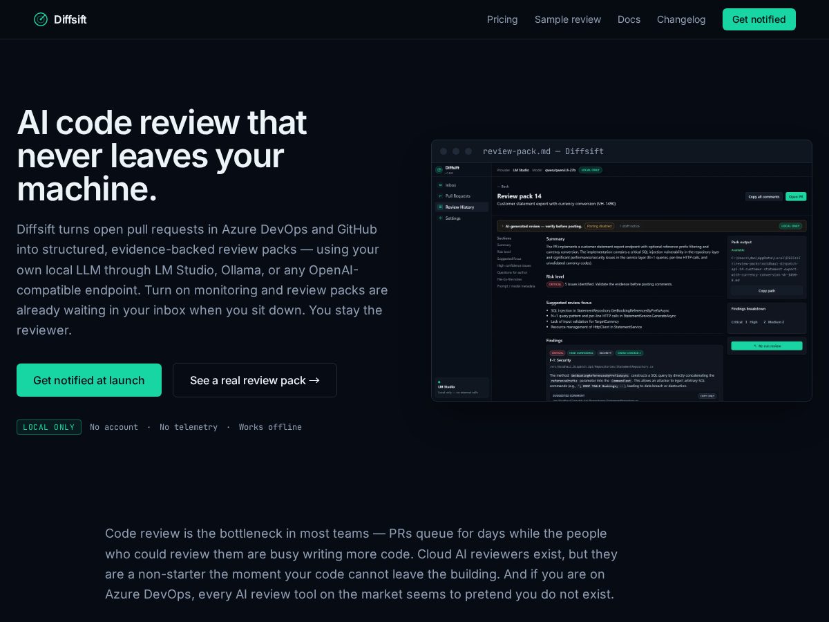 Landing-page snapshot of diffsift.dev