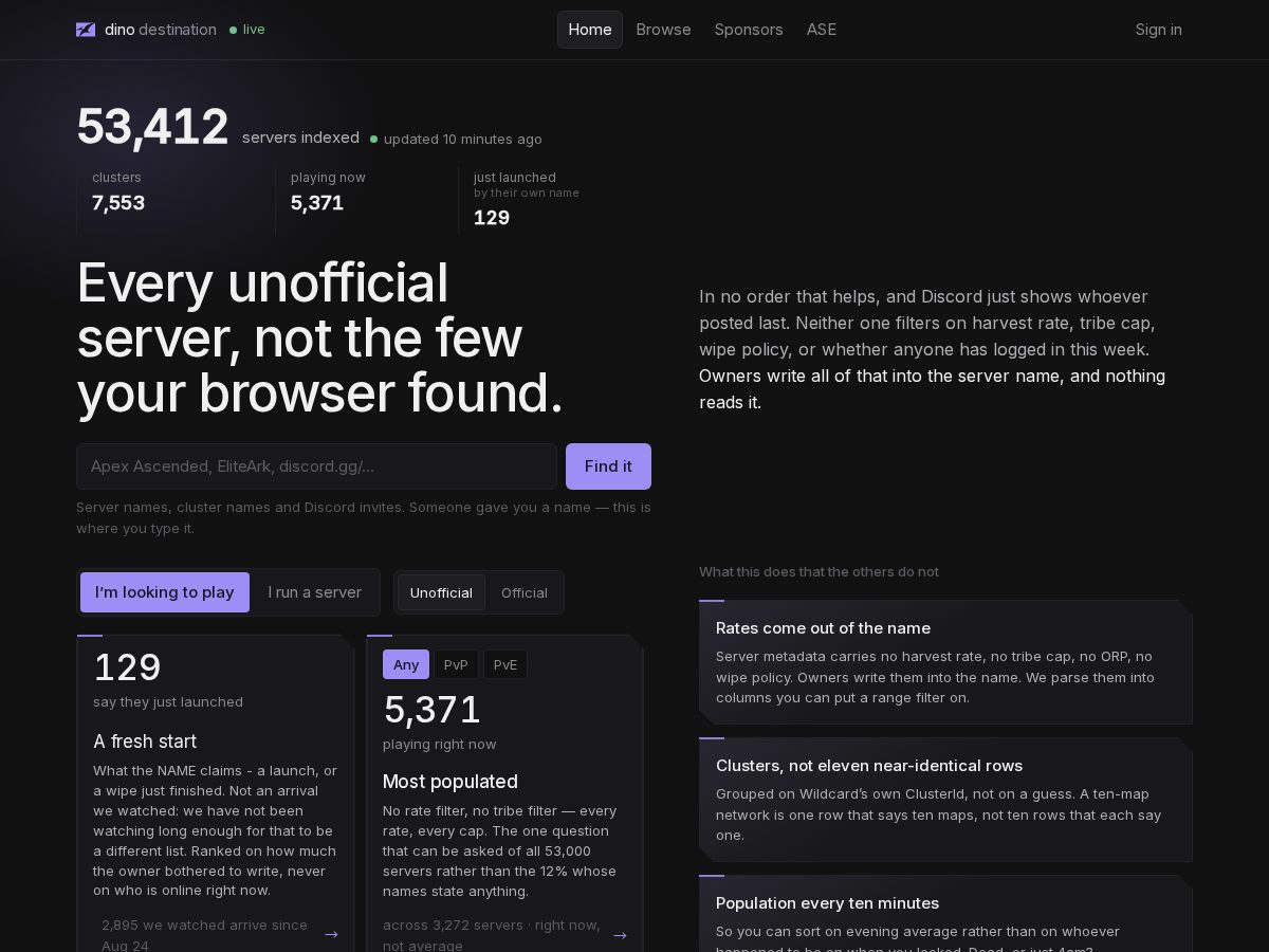 Landing-page snapshot of dinodestination.com