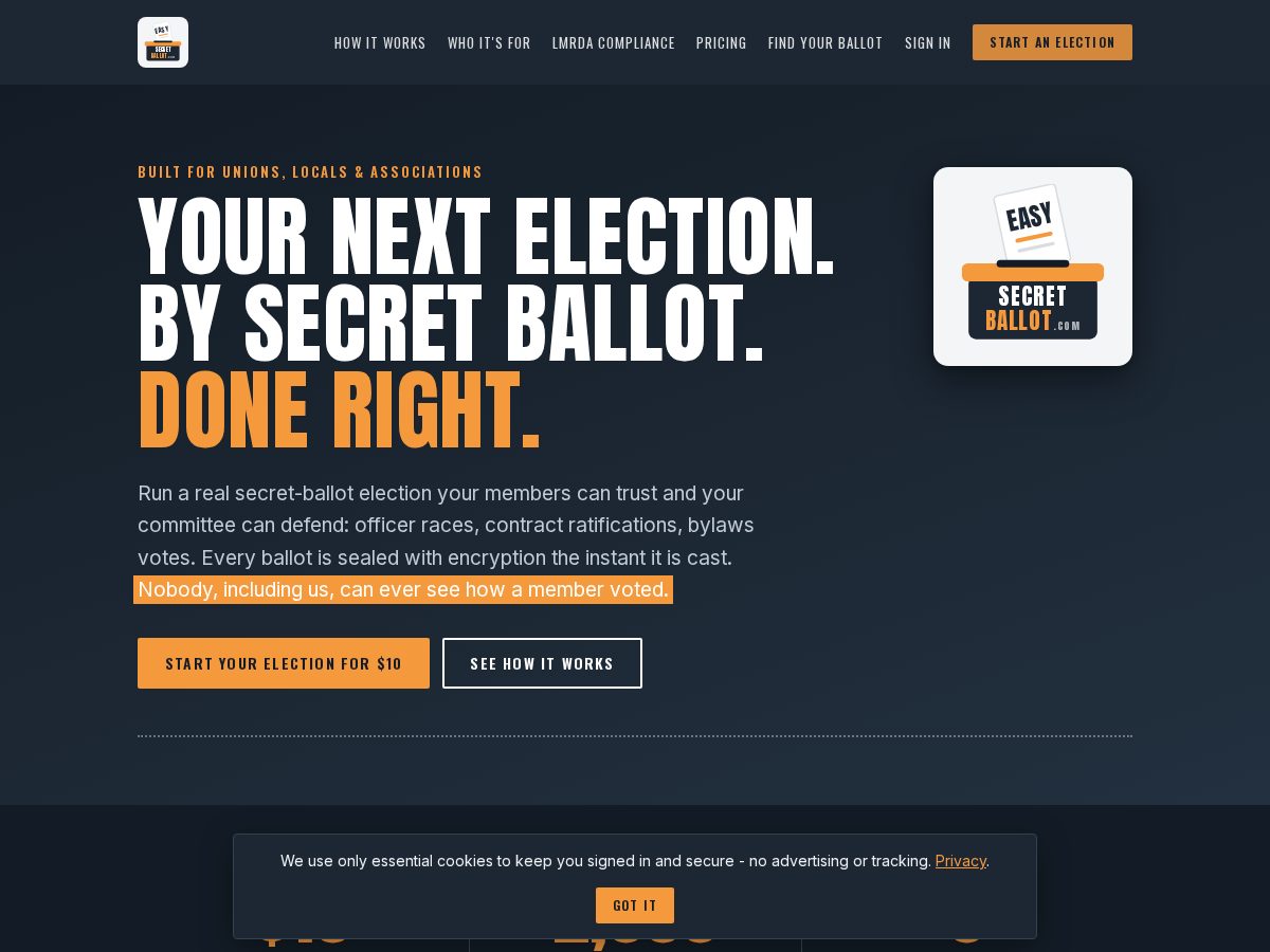 Landing-page snapshot of easysecretballot.com