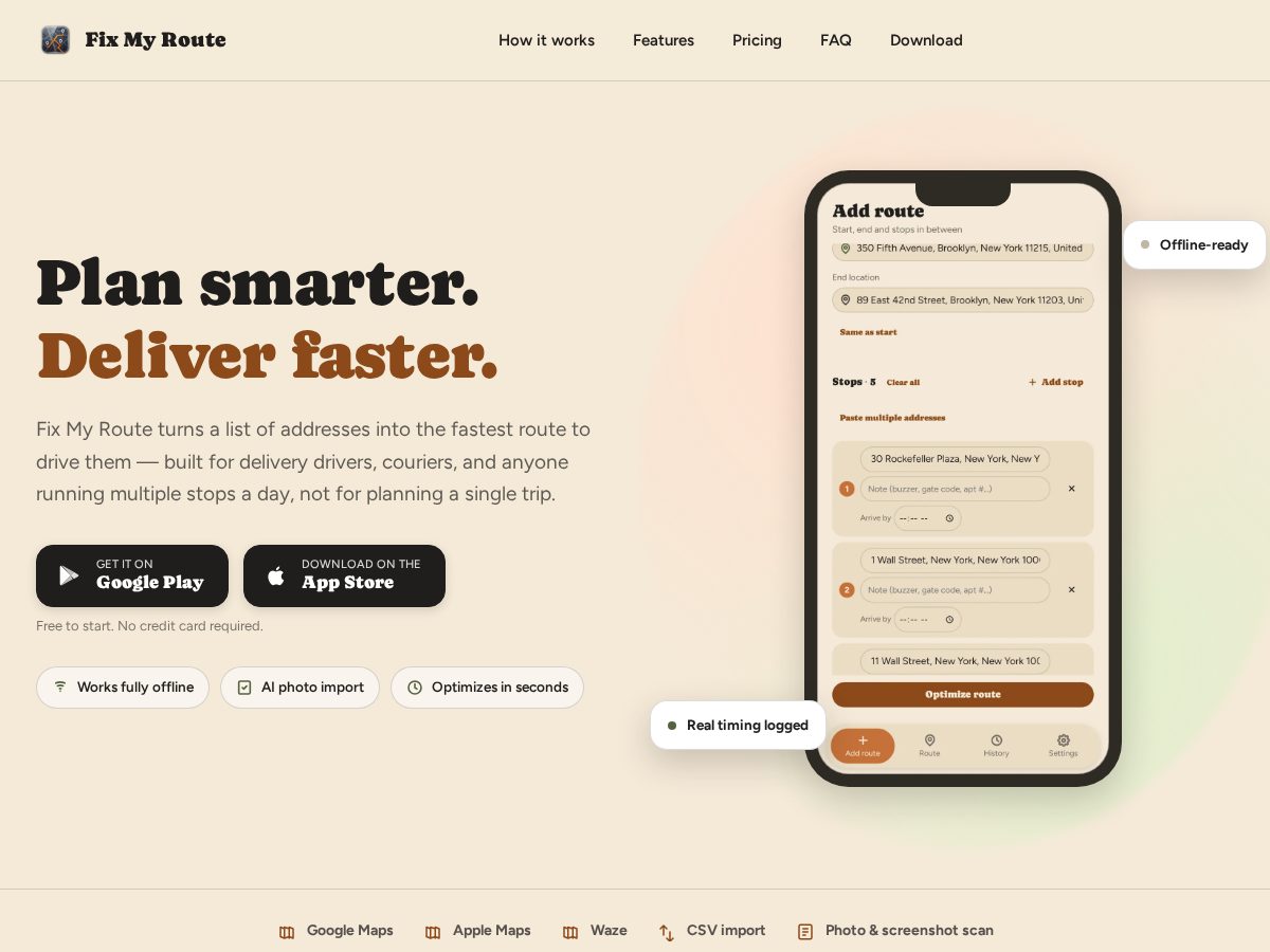 Landing-page snapshot of fixmyroute.app