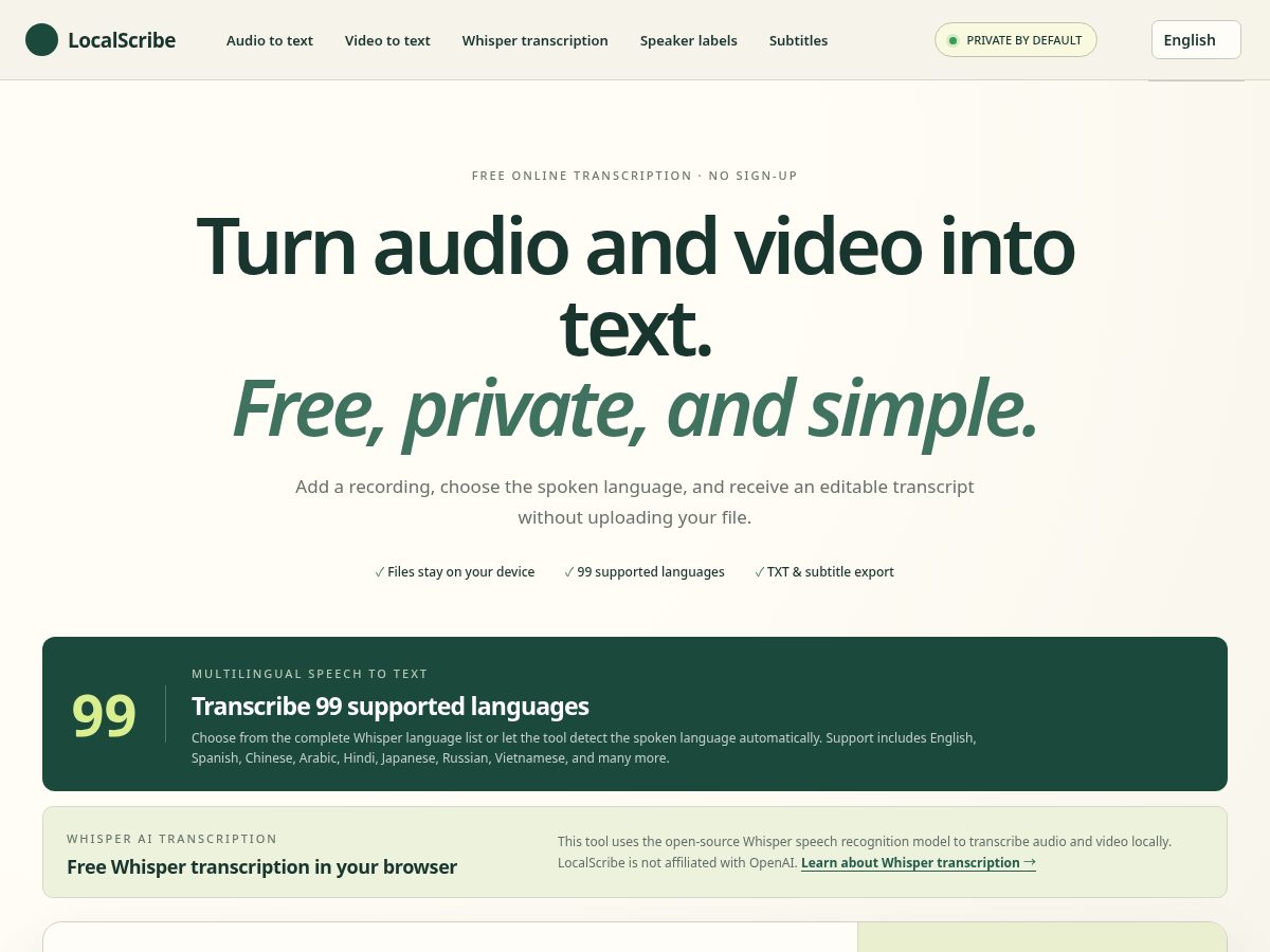 Landing-page snapshot of freelocaltranscription.com