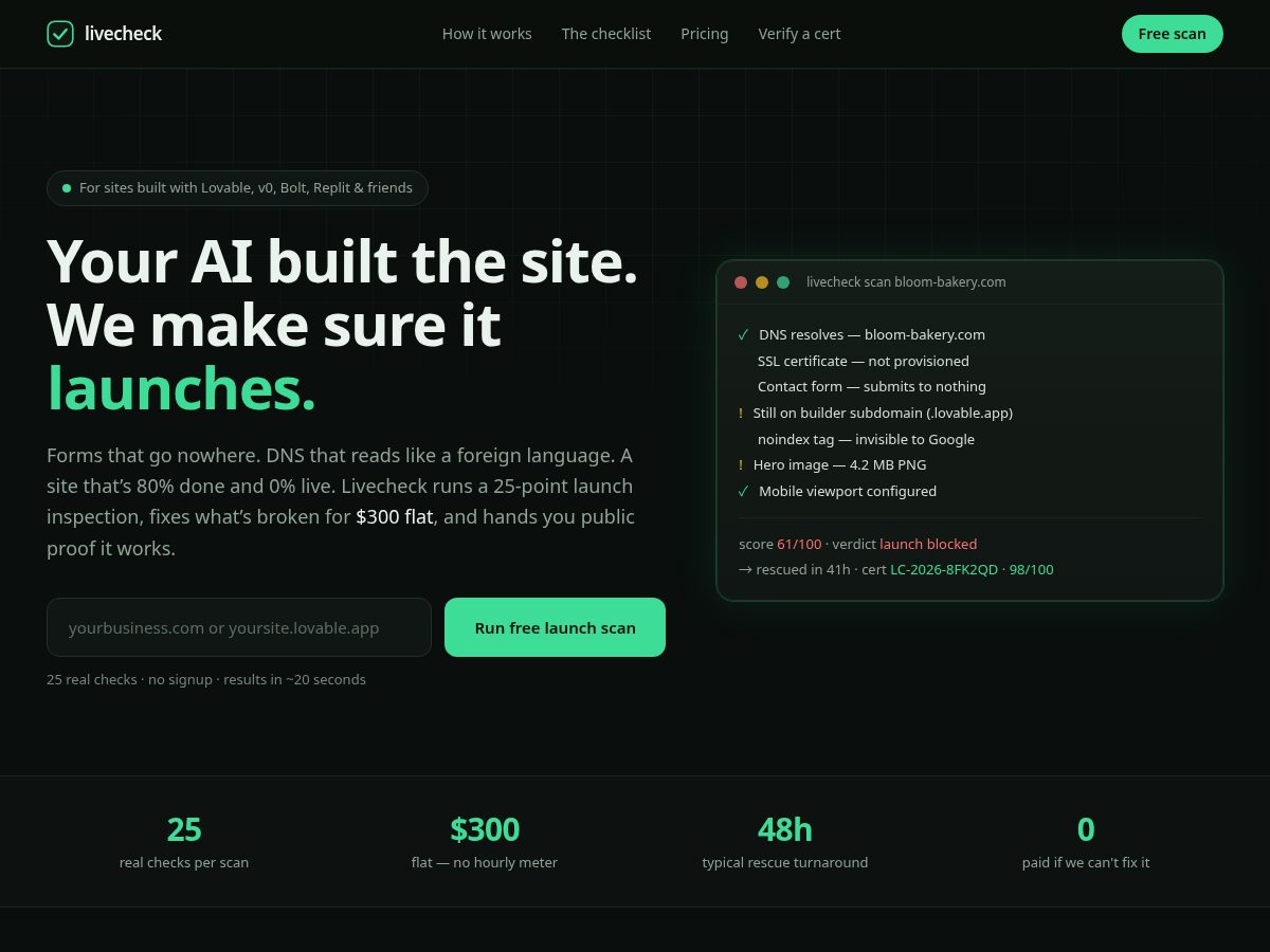 Landing-page snapshot of getlivecheck.com