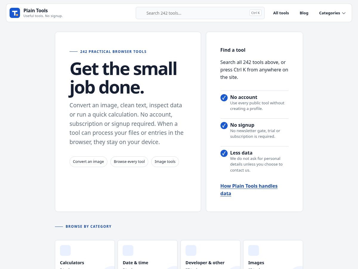 Landing-page snapshot of getplaintools.com