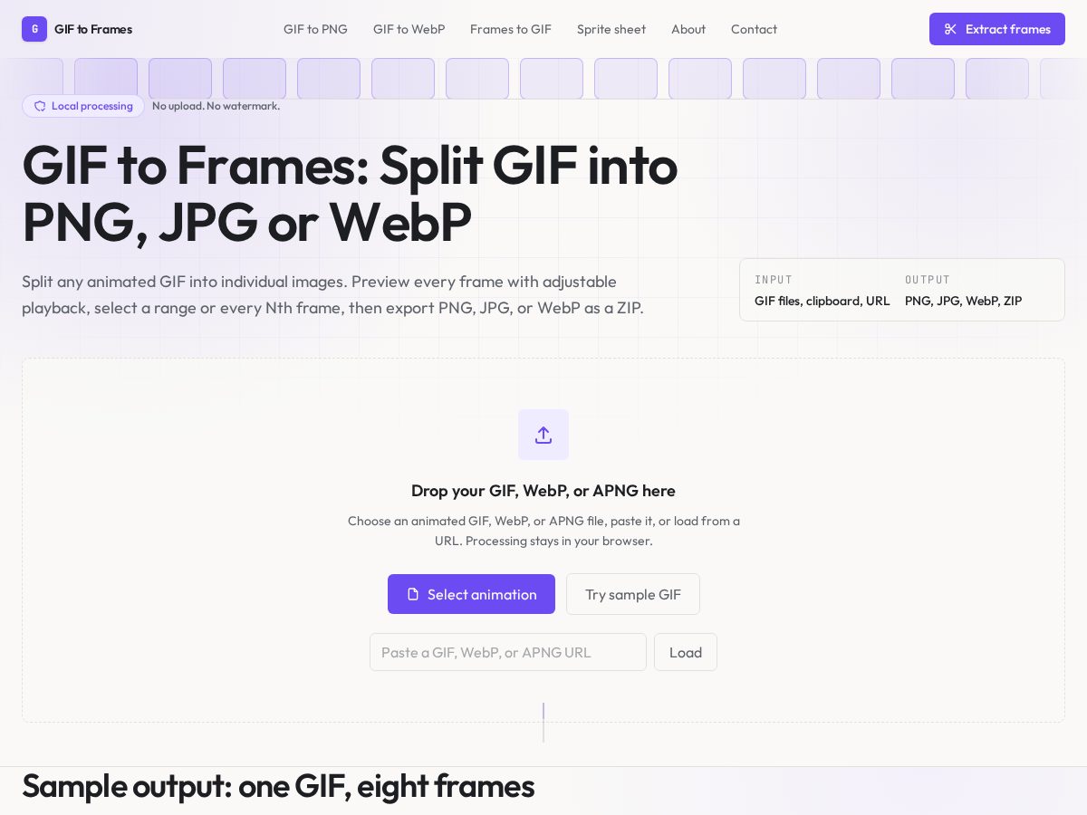 Landing-page snapshot of gif-to-frames.com