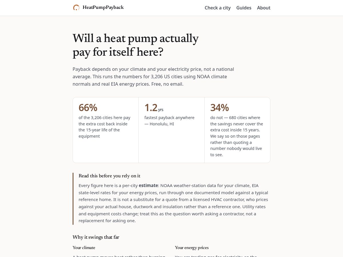 Landing-page snapshot of heatpumppayback.com
