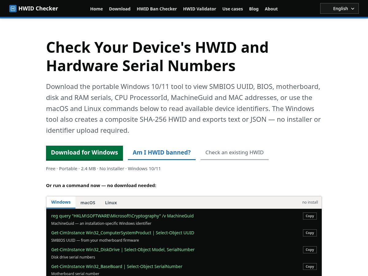 Landing-page snapshot of hwidchecker.com