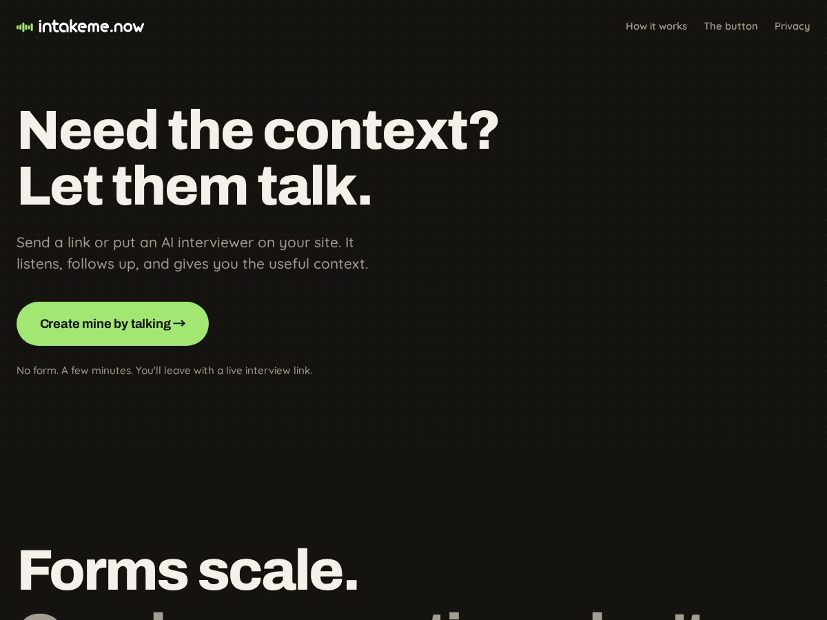 Landing-page snapshot of intakeme.now