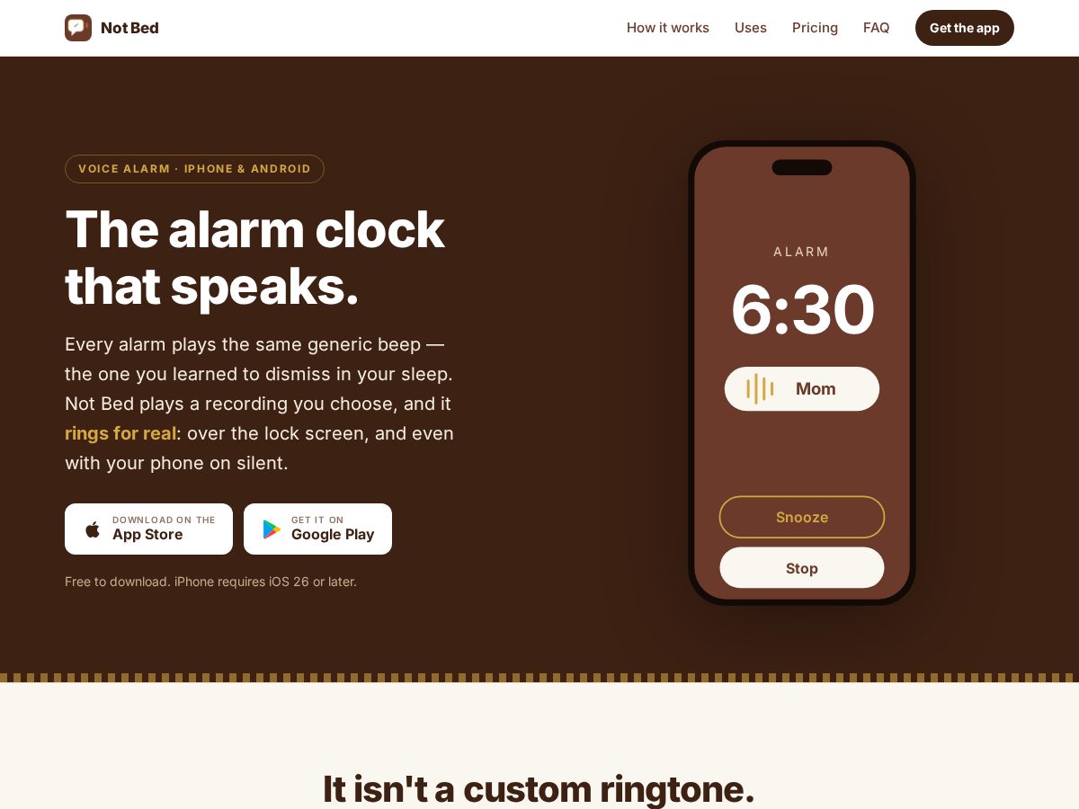 Landing-page snapshot of itsnotbed.com