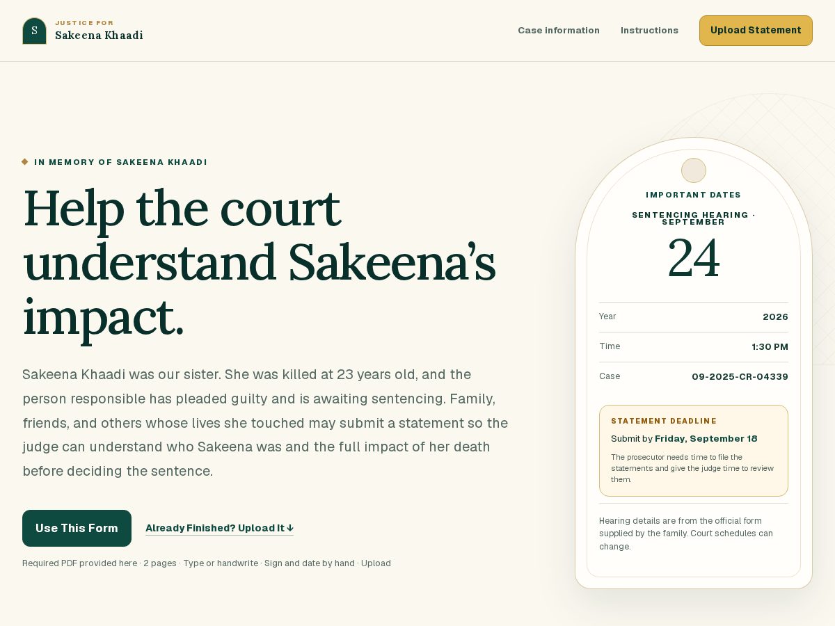 Landing-page snapshot of justiceforsakeena.com