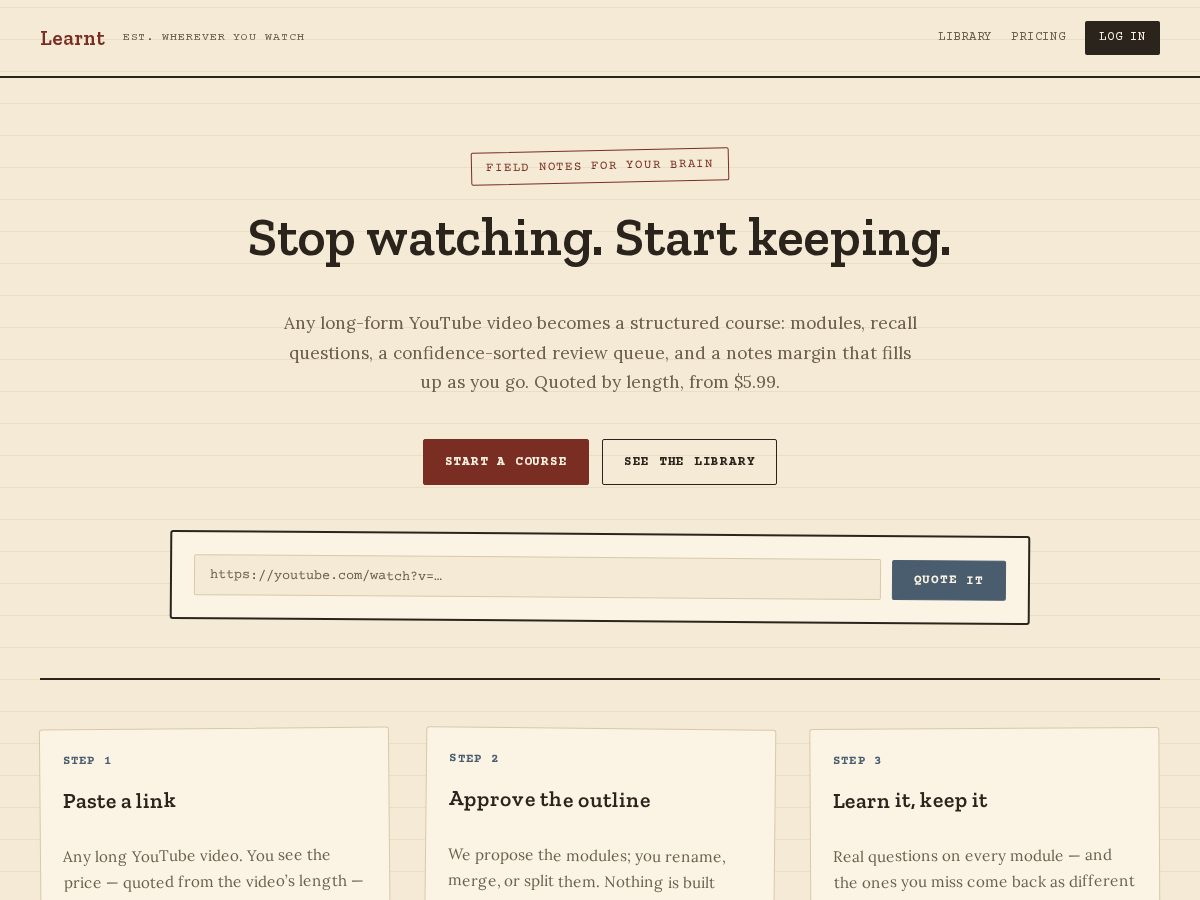 Landing-page snapshot of learnt.courses