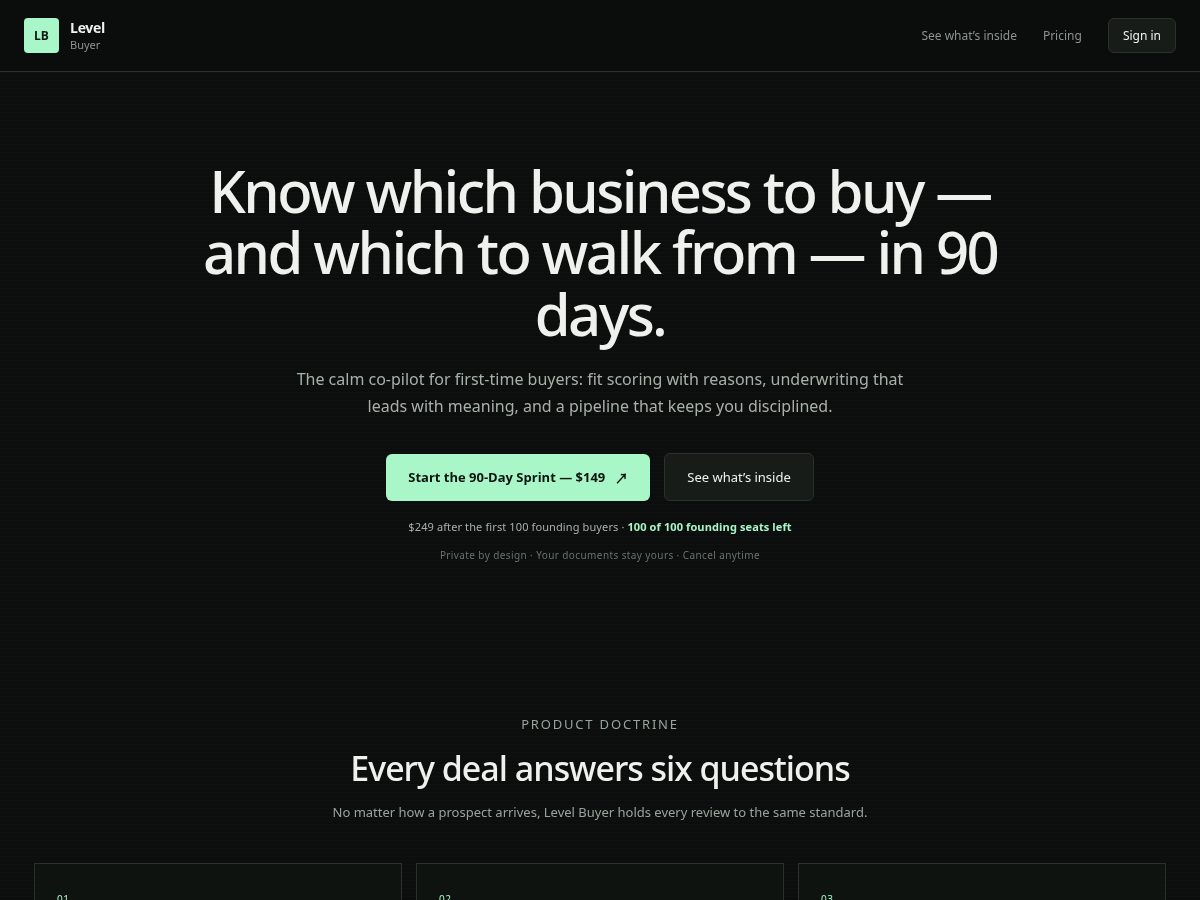 Landing-page snapshot of levelbuyer.com