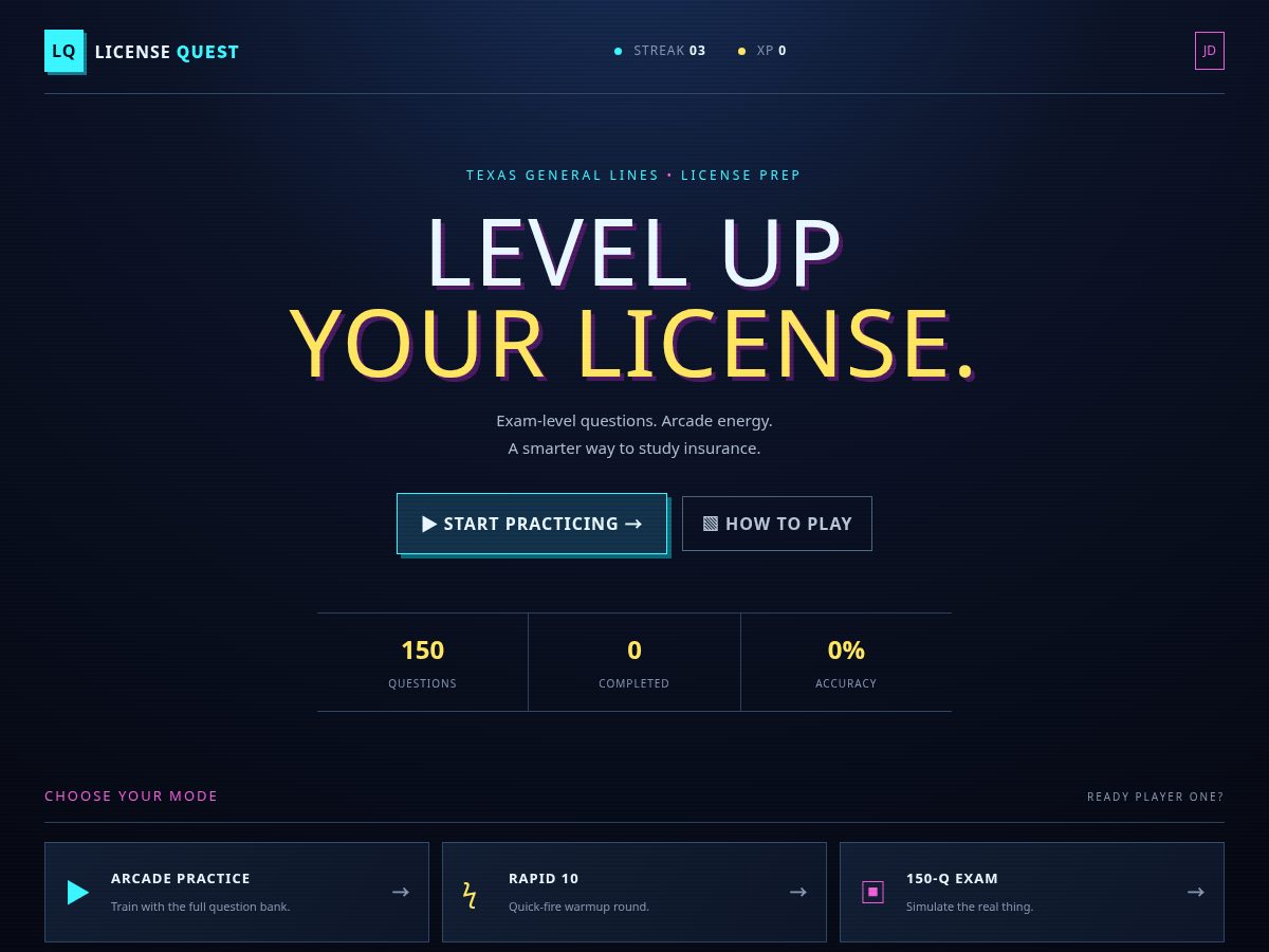 Landing-page snapshot of licensequest.life