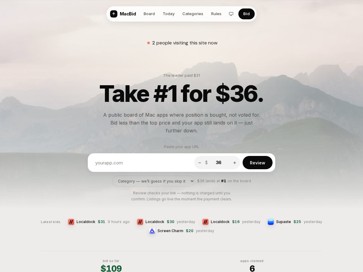Landing-page snapshot of macbid.app