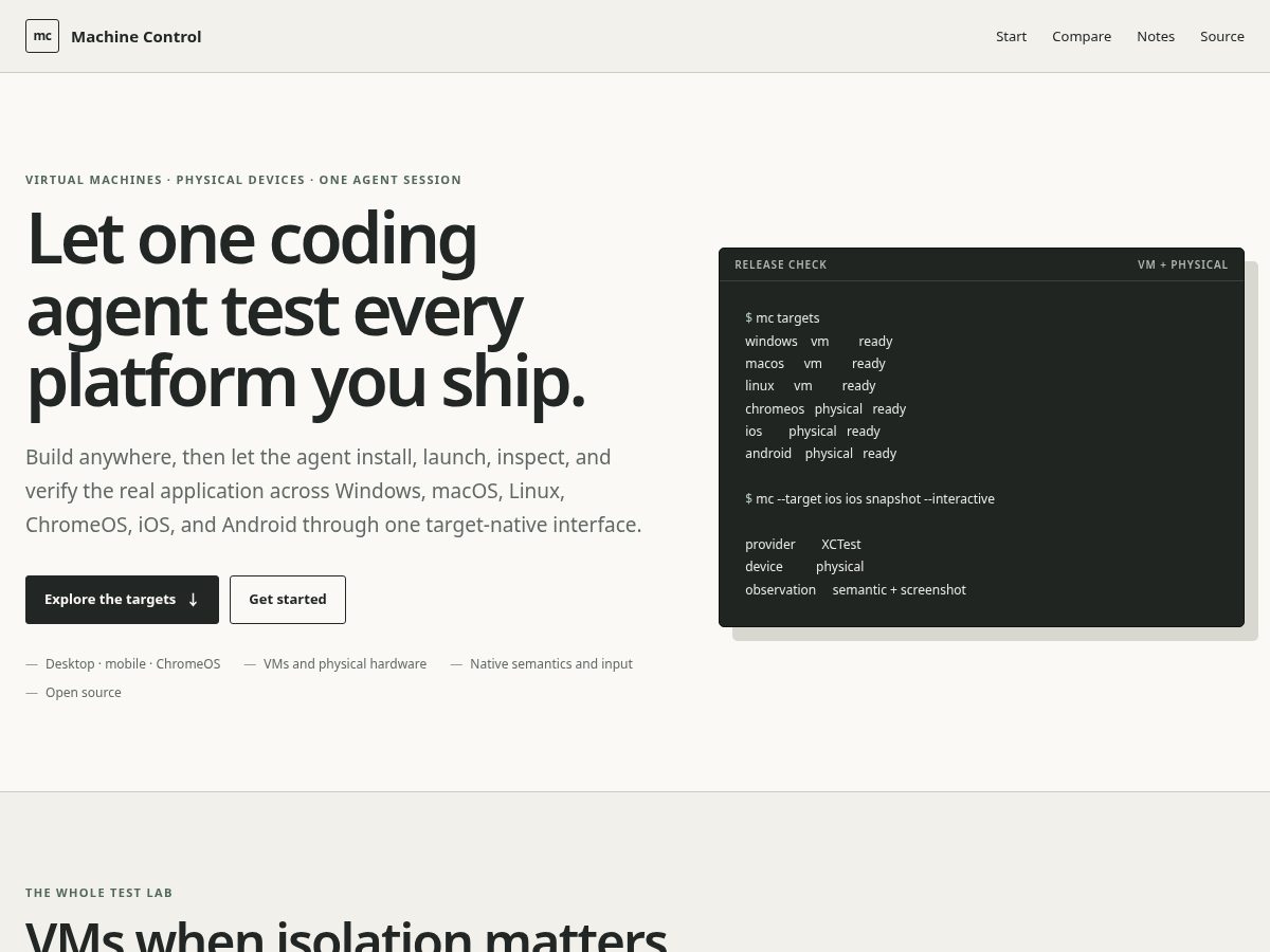 Landing-page snapshot of machinecontrol.dev