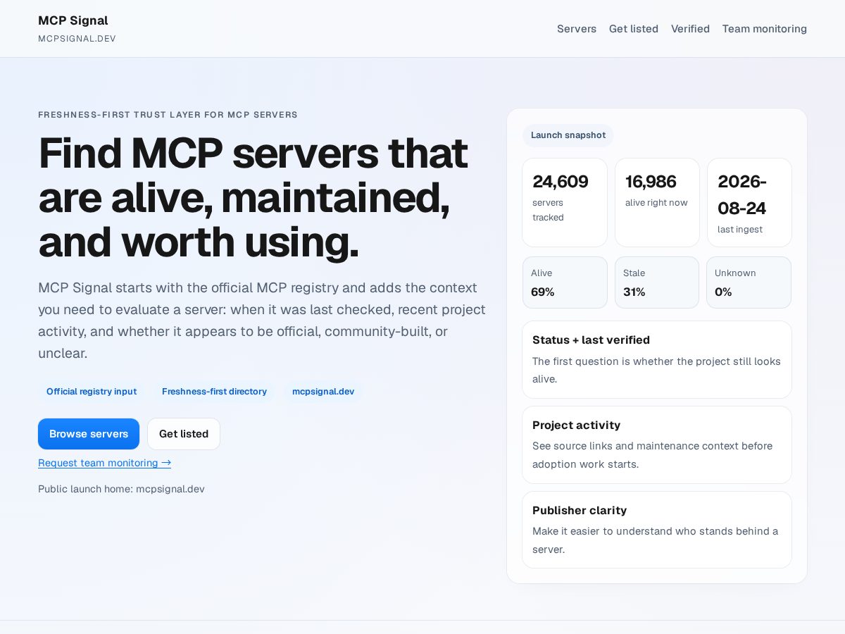 Landing-page snapshot of mcpsignal.dev