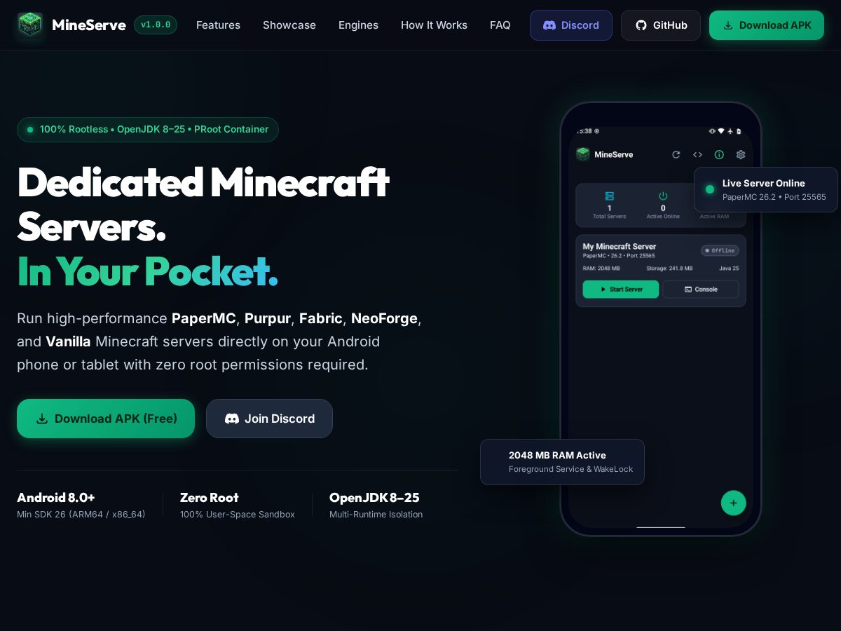 Landing-page snapshot of mineserve.app