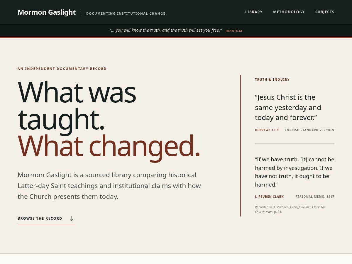 Landing-page snapshot of mormongaslight.com