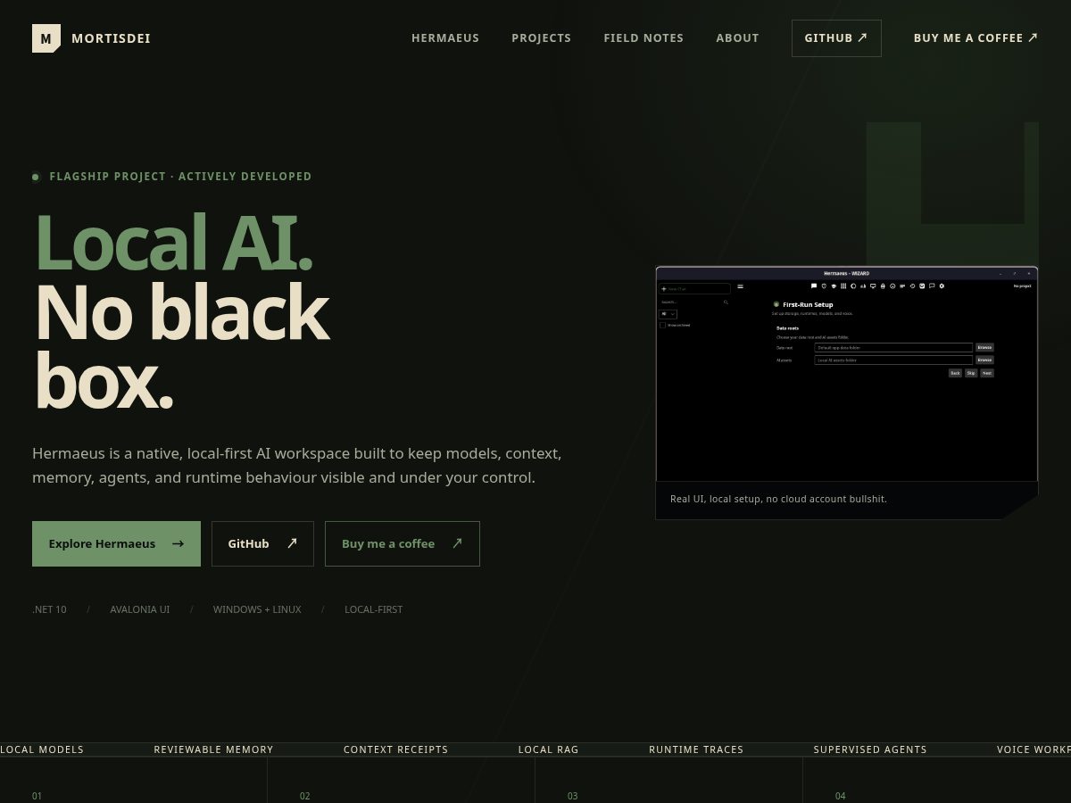 Landing-page snapshot of mortisdei.dev