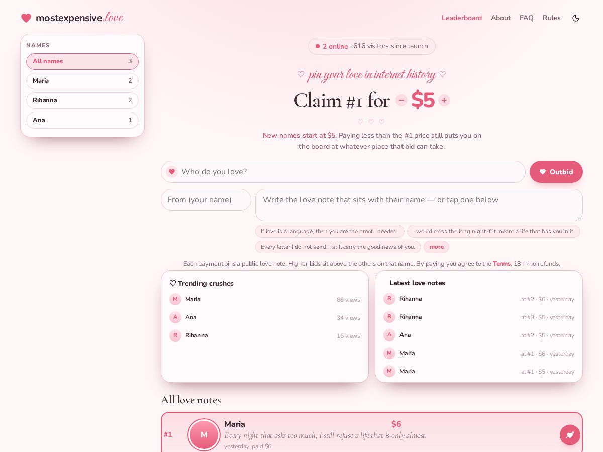 Landing-page snapshot of mostexpensive.love