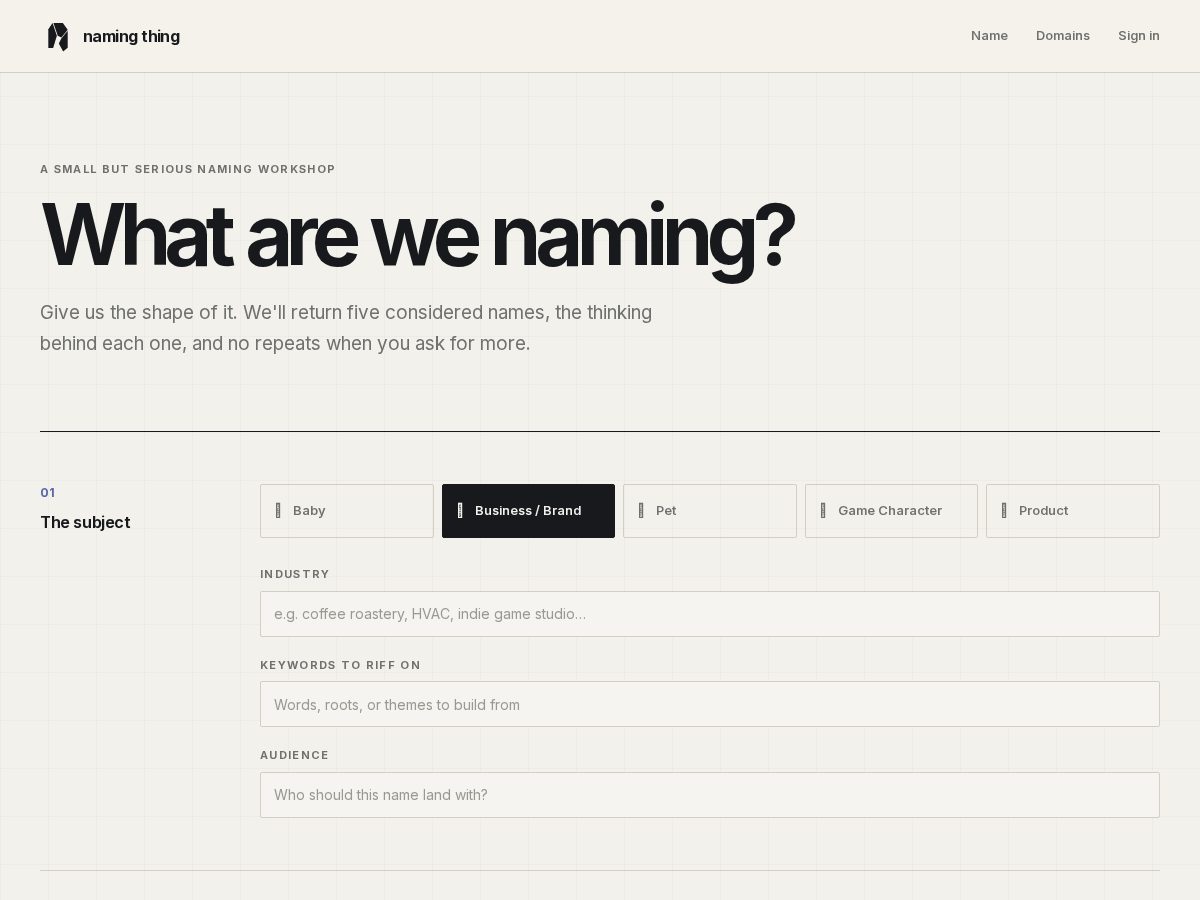 Landing-page snapshot of namingth.ing