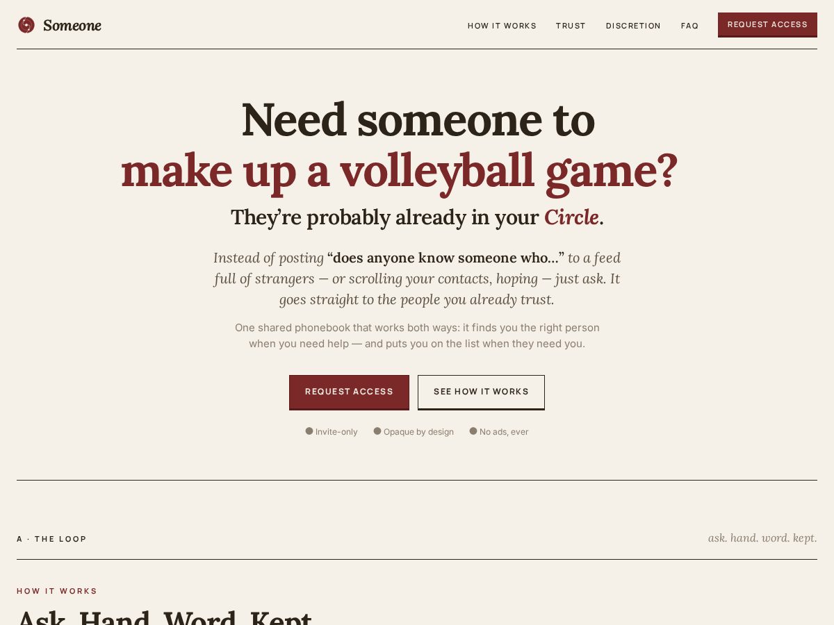 Landing-page snapshot of needsomeone.app